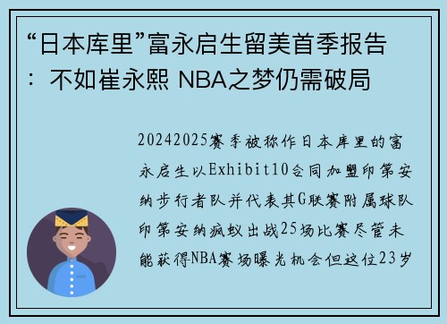 “日本库里”富永启生留美首季报告：不如崔永熙 NBA之梦仍需破局