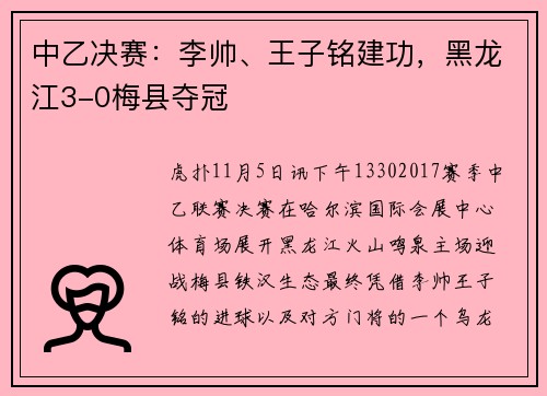 中乙决赛：李帅、王子铭建功，黑龙江3-0梅县夺冠